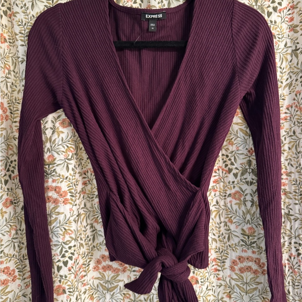 Express Women's Deep Purple Ribbed Wrap Sweater top V neck